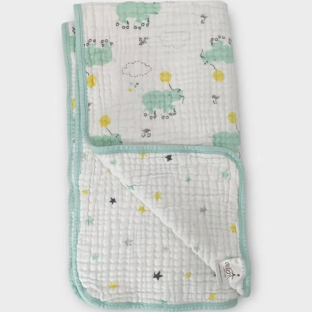 Aden & Anais Mint Green Hippo Roller Skating Yellow Balloon Baby Muslin Blanket